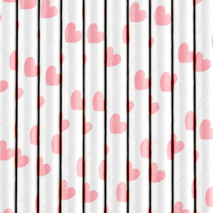 Papieren rietjes met roze hartjes (10st)