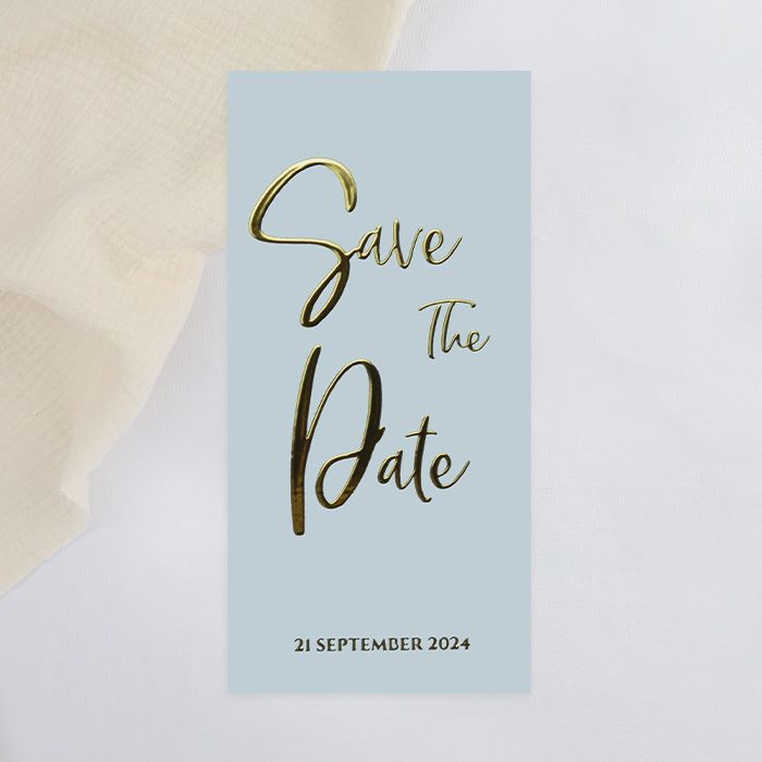 Folie save the date kaart pastel wedding panorama staand